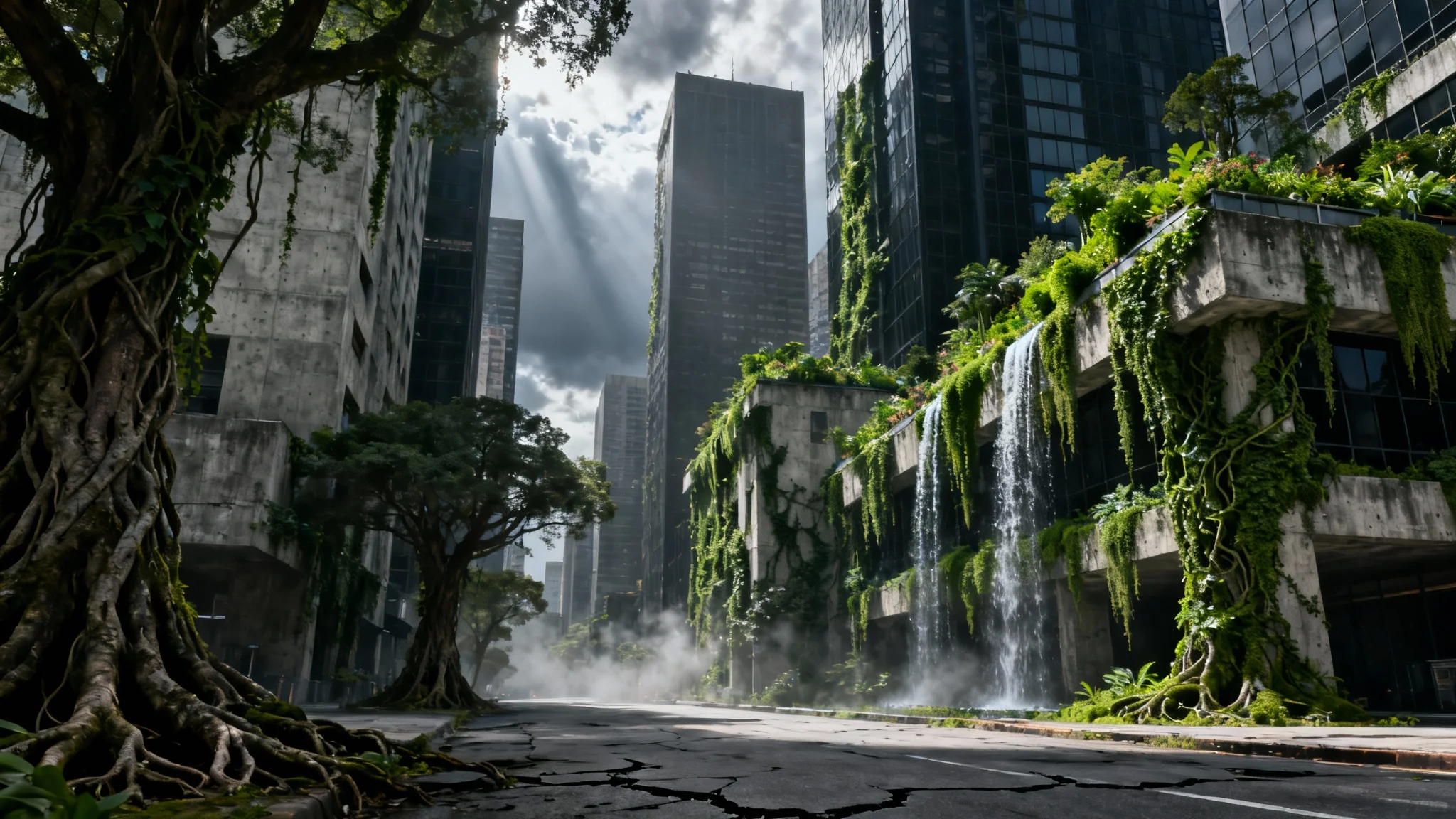 A cinematic view of a dense city, where massive concrete skyscrapers are overgrown with lush green vines and trees, illustrating the concept of a 'concrete jungle'.