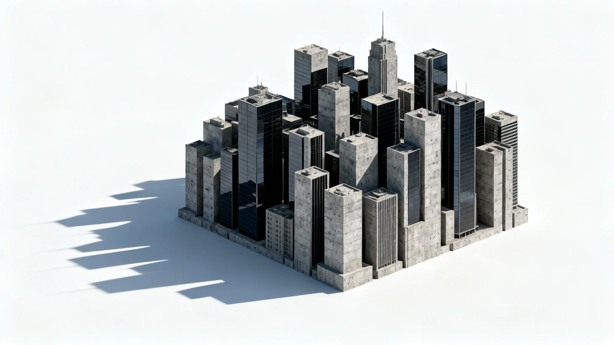 A photorealistic depiction of a dense cluster of grey concrete skyscrapers, forming a monolithic structure that represents a concrete jungle, isolated against a stark white background.