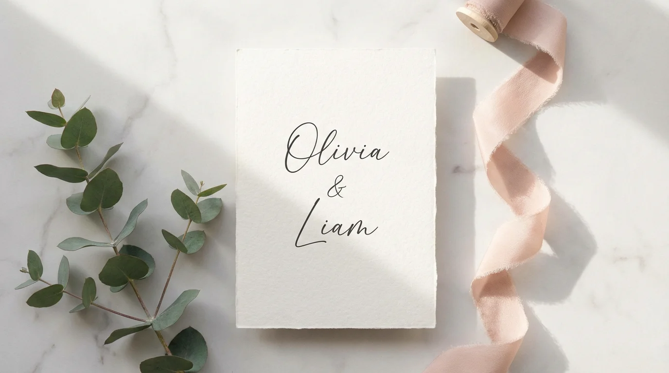 An elegant flat lay of a wedding invitation that uses a simple cursive font, placed on a marble background with eucalyptus and a ribbon.