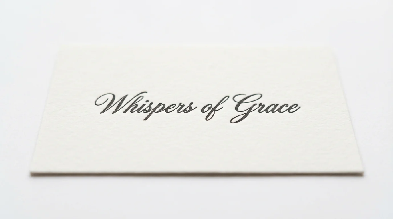A minimalist mockup showing the words 'Whispers of Grace' written in an elegant, simple dark cursive font on a piece of textured white paper, set against a clean white background.