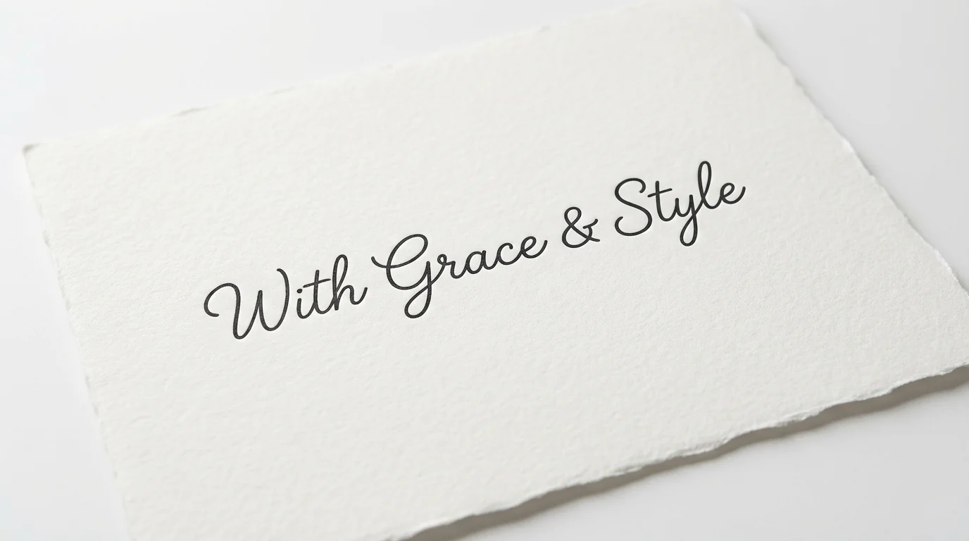 A photorealistic mockup of the words 'With Grace & Style' written in a simple and elegant black cursive font on a piece of textured off-white paper, set against a plain white background.