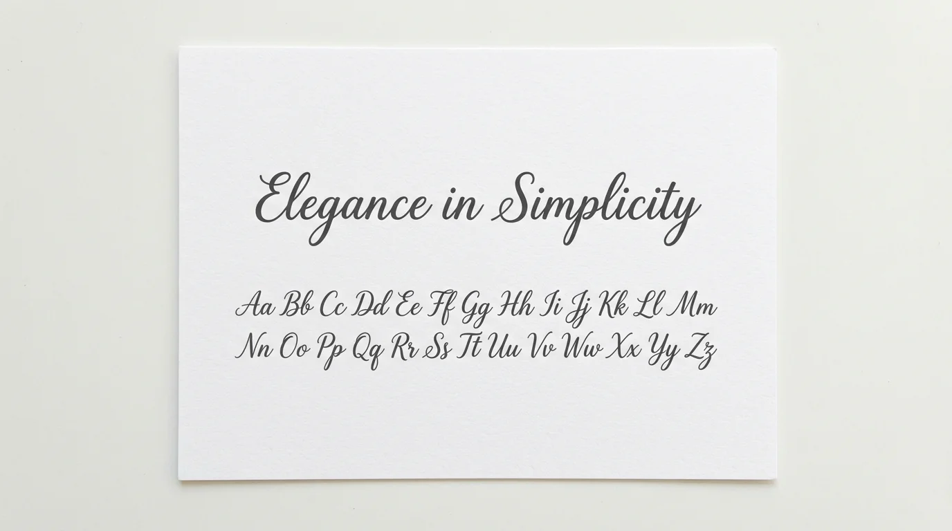 A mockup showcasing a simple cursive font against a white background. The phrase 'Elegance in Simplicity' is written in a dark, flowing script, with the full alphabet displayed neatly underneath.
