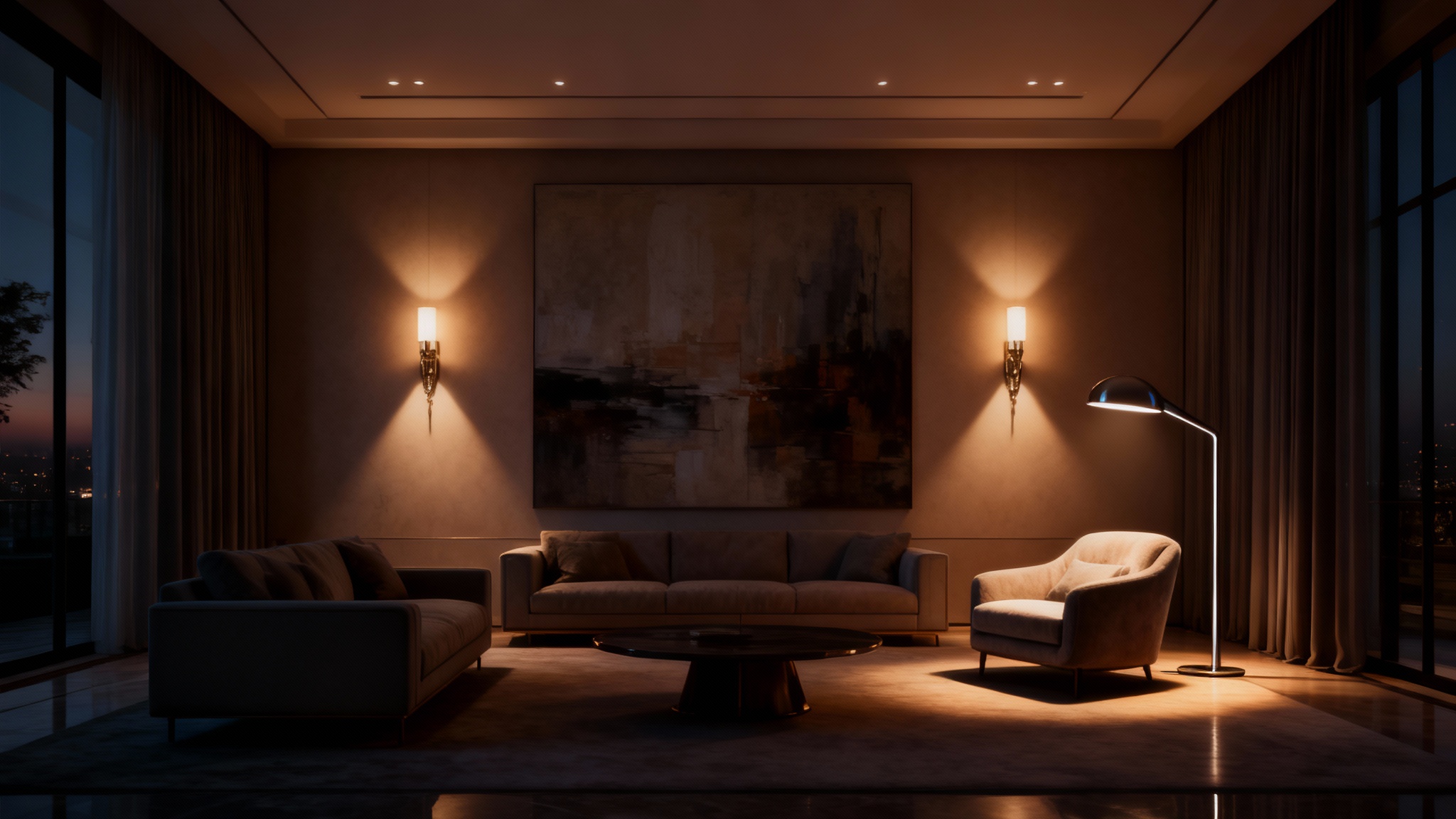 A beautifully lit modern living room in the evening, showcasing a professional lighting plan with warm recessed ceiling lights, a floor lamp by a reading chair, and accent sconces highlighting artwork.