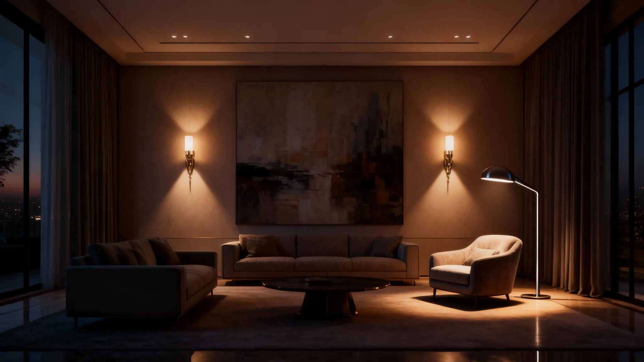 A beautifully lit modern living room in the evening, showcasing a professional lighting plan with warm recessed ceiling lights, a floor lamp by a reading chair, and accent sconces highlighting artwork.