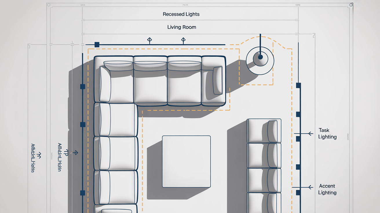 A top-down architectural blueprint of a living room lighting plan, showing furniture outlines and symbols for different light fixtures like a chandelier and recessed lights, all on a white background.