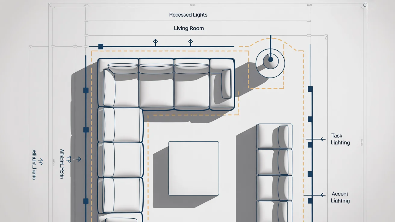 A top-down architectural blueprint of a living room lighting plan, showing furniture outlines and symbols for different light fixtures like a chandelier and recessed lights, all on a white background.