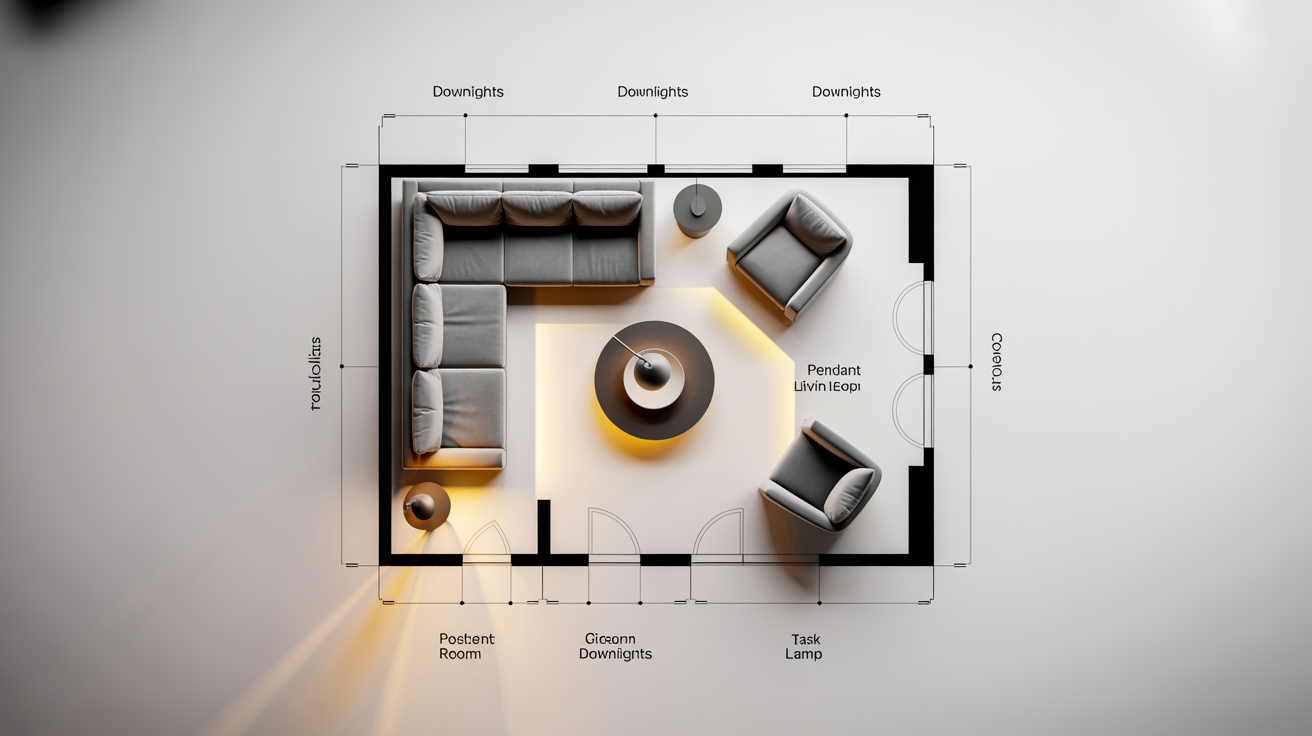 A professional architectural drawing of a living room lighting plan, showing the top-down view of a modern living room with symbols and labels for pendant lamps and recessed downlights, all on a clean white background.
