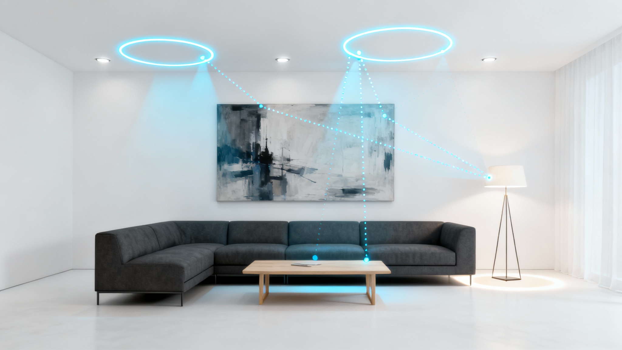 A photorealistic mockup of a modern living room with a lighting plan overlaid, showing glowing blue lines for fixture placement and light beams against a white background.