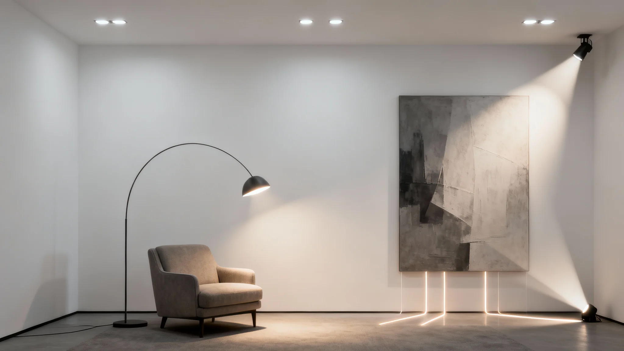 A 3D visualization of a modern living room lighting plan, showcasing recessed ceiling lights, a floor lamp, and an accent spotlight against a plain white background.