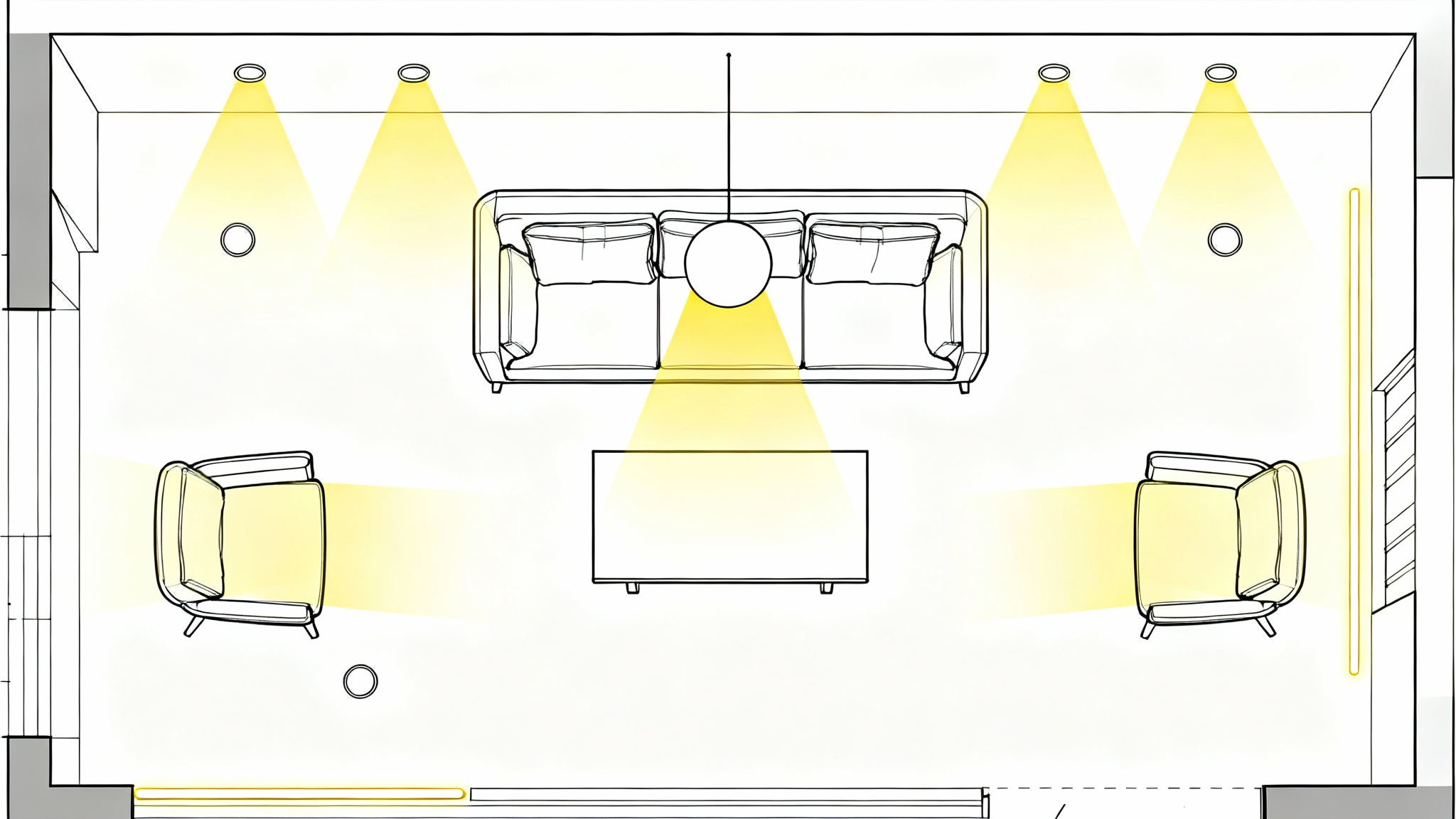 A top-down architectural floor plan of a modern living room, showing a detailed lighting scheme with symbols for fixtures and yellow highlights for illuminated areas, on a clean white background.