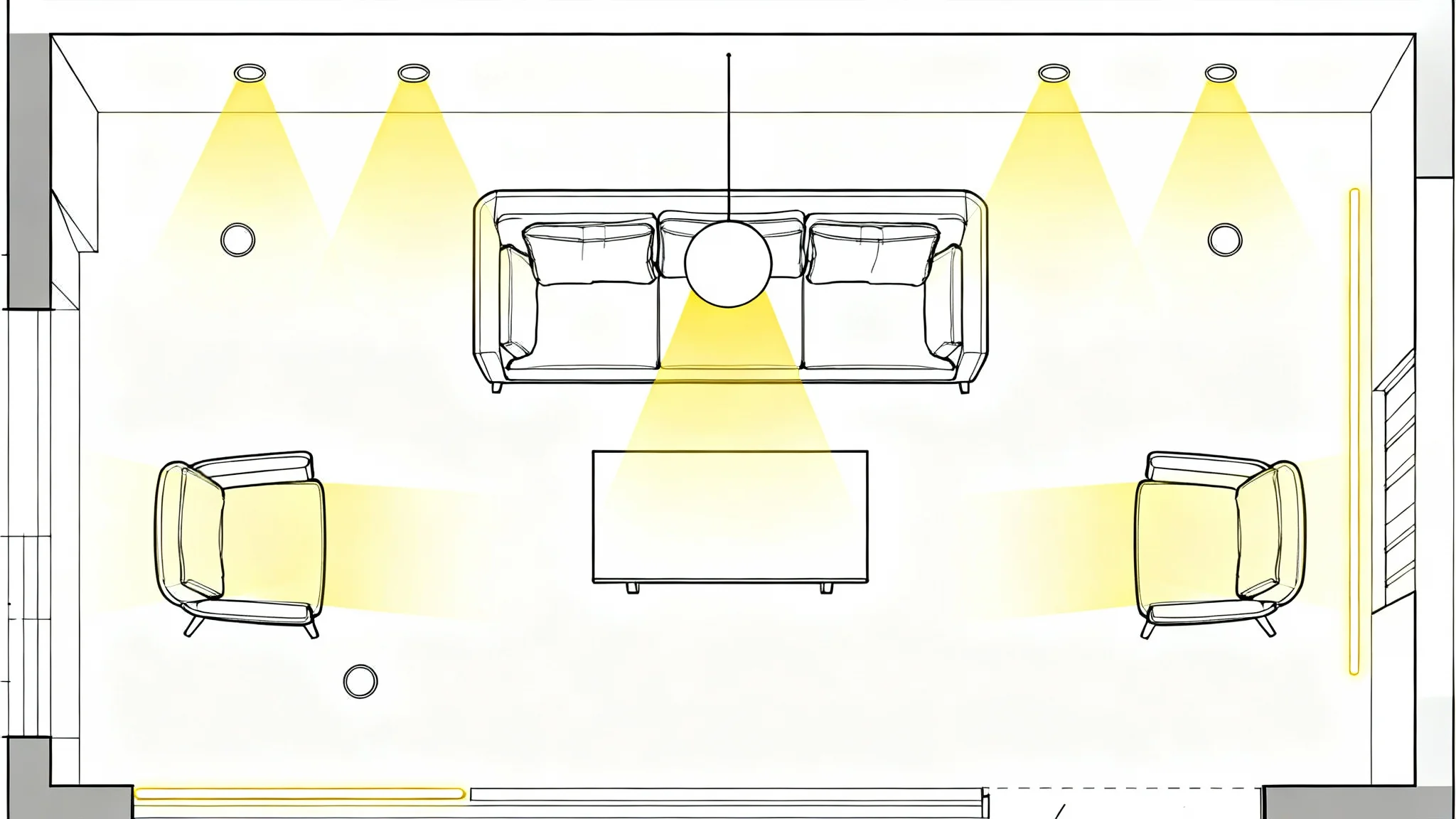 A top-down architectural floor plan of a modern living room, showing a detailed lighting scheme with symbols for fixtures and yellow highlights for illuminated areas, on a clean white background.