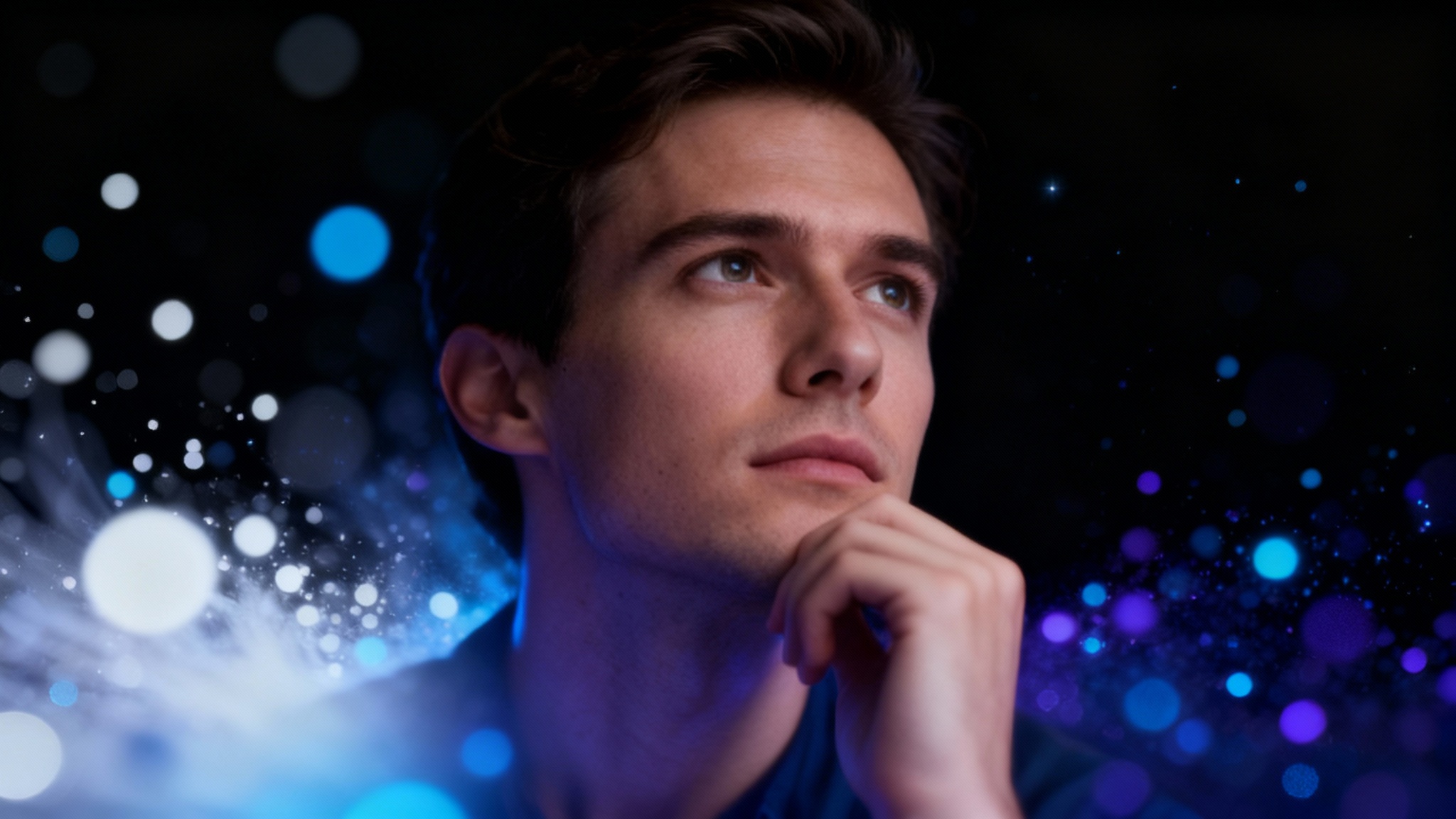 A dramatic and beautiful portrait of a person enhanced with a magical particles overlay. Glowing blue, purple, and white light particles float around them, creating a dreamy, high-quality final effect.