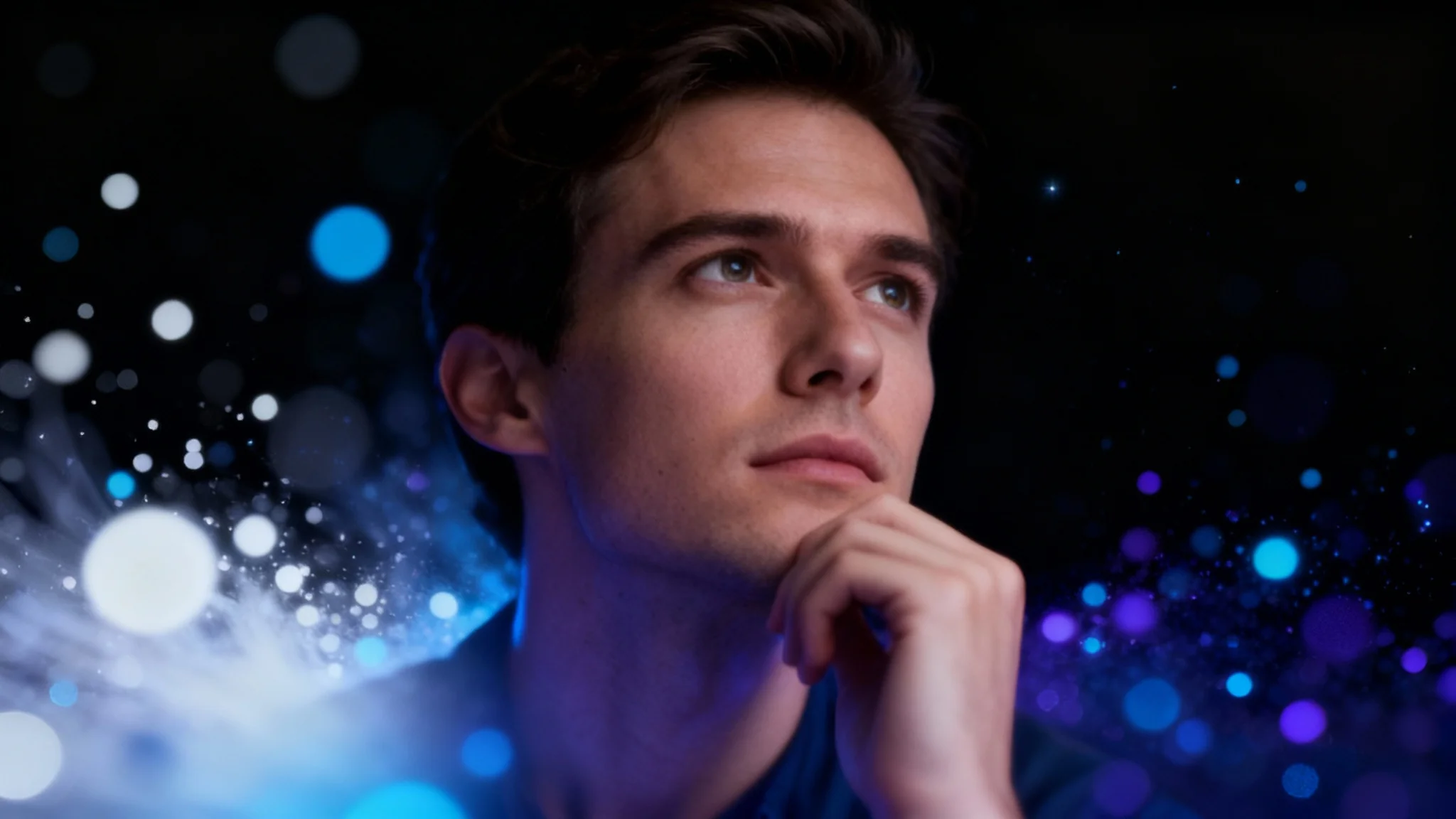A dramatic and beautiful portrait of a person enhanced with a magical particles overlay. Glowing blue, purple, and white light particles float around them, creating a dreamy, high-quality final effect.
