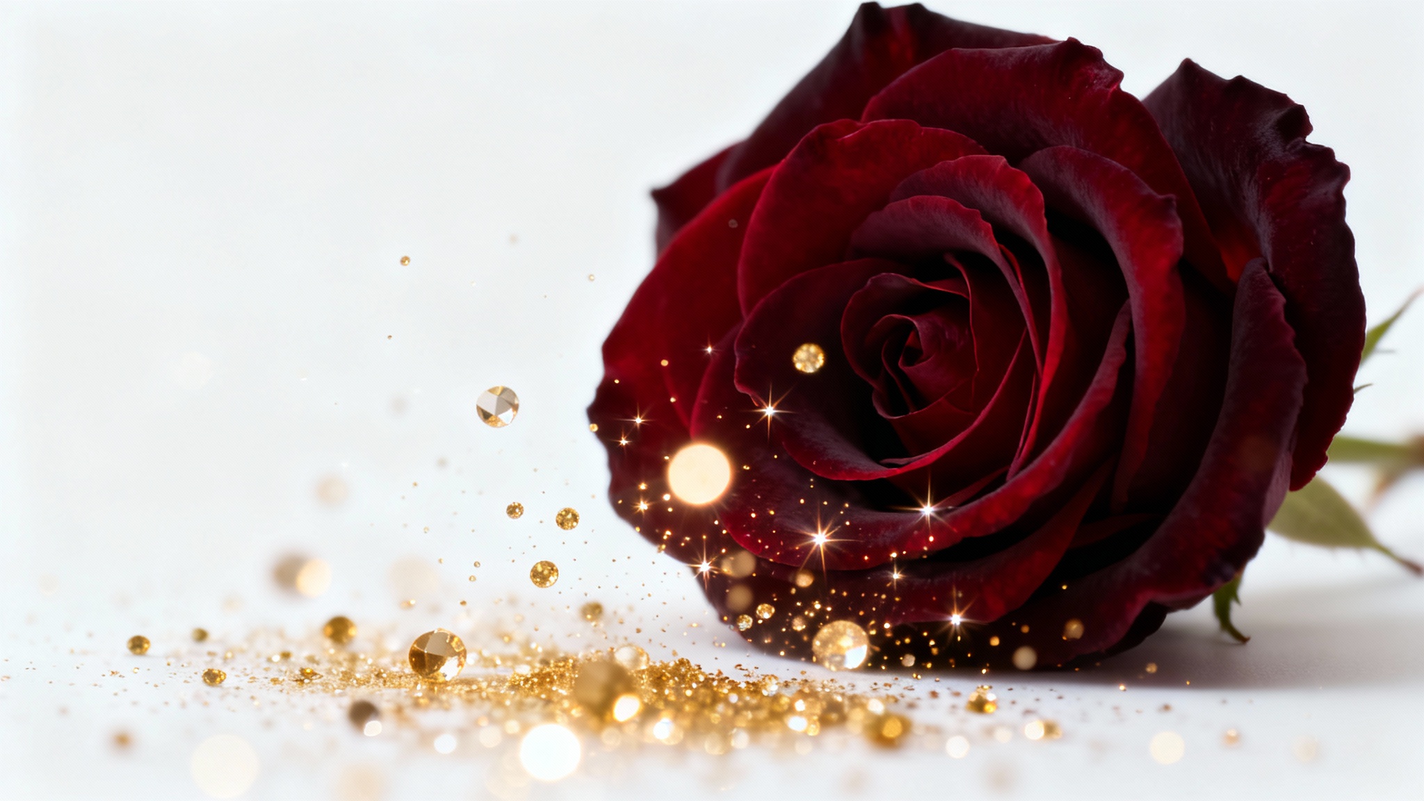 A macro photograph of a single dark red rose with a beautiful overlay of sparkling golden light particles floating in front of it, isolated on a white background.