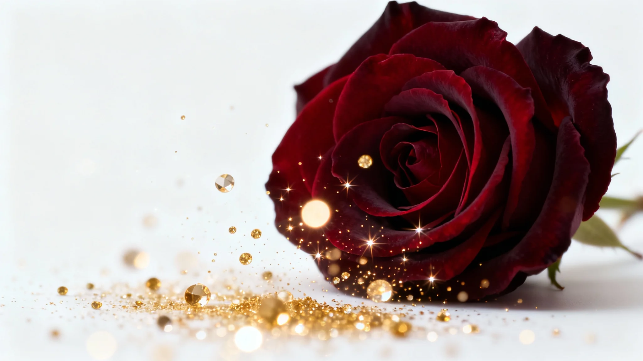 A macro photograph of a single dark red rose with a beautiful overlay of sparkling golden light particles floating in front of it, isolated on a white background.