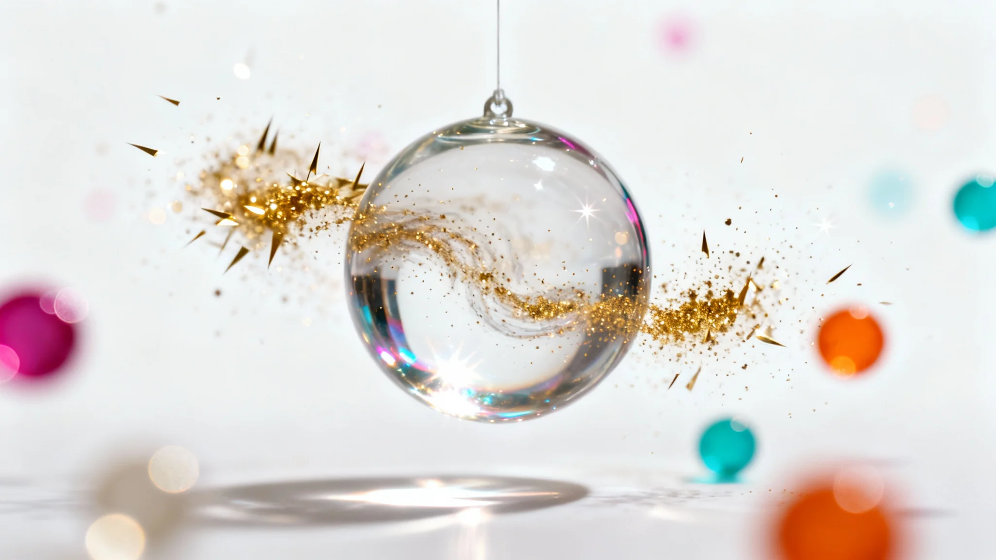 A photorealistic image of a clear glass sphere on a white background, with a vibrant overlay of sparkling gold dust and colorful bokeh lights swirling around it.