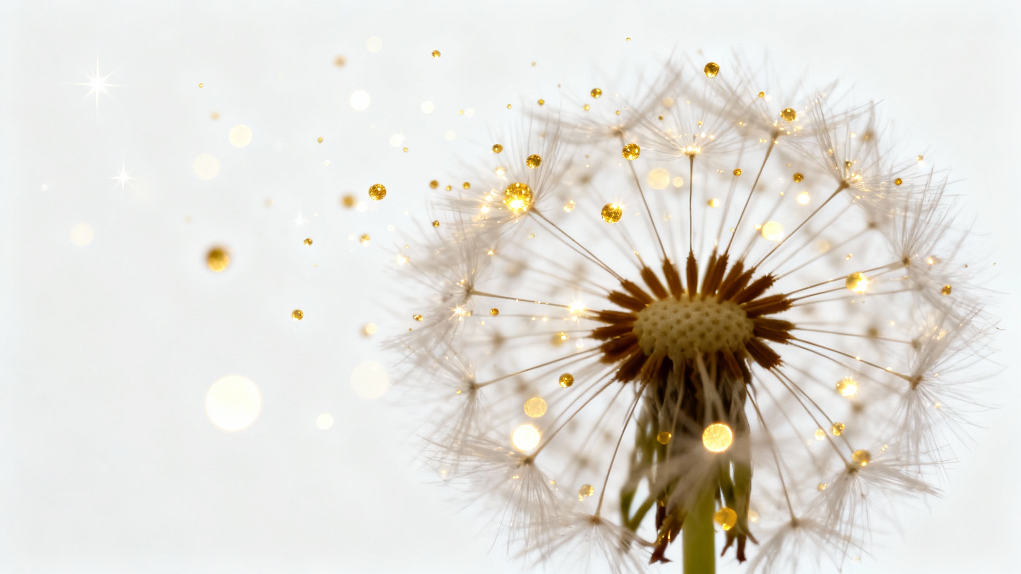 A hyper-realistic macro photo of a dandelion seed head against a white background, with glowing golden particles floating around it to demonstrate a particle overlay effect.