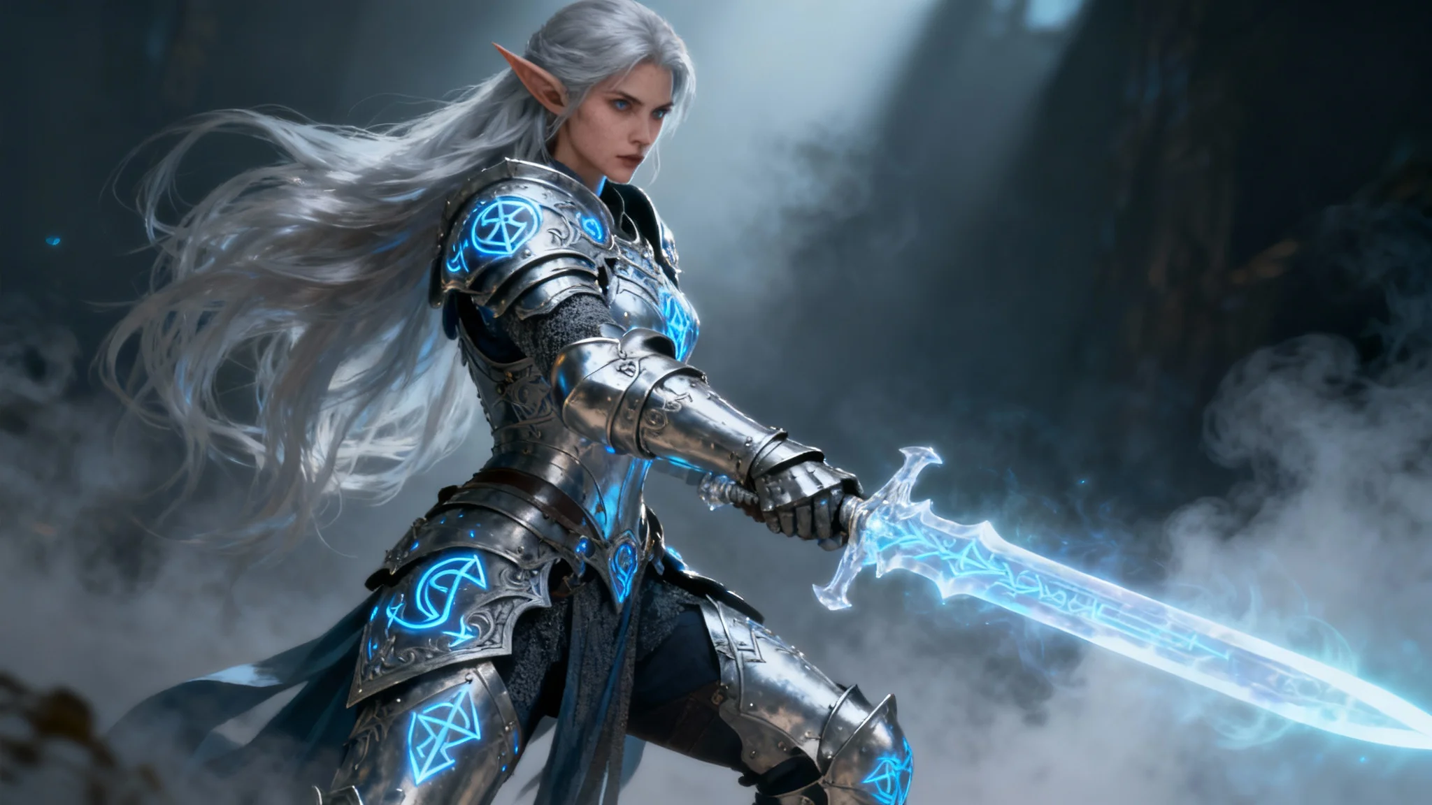 A highly detailed digital painting of a female elven knight in ornate silver armor, holding a glowing sword against a dramatic fantasy landscape.
