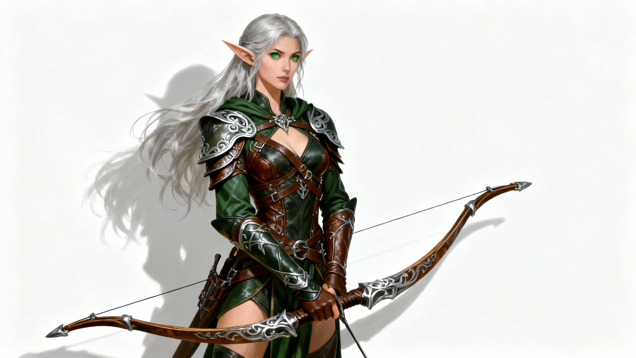 A full-body digital painting of a female elven ranger in detailed leather armor, holding a longbow, set against a plain white background.