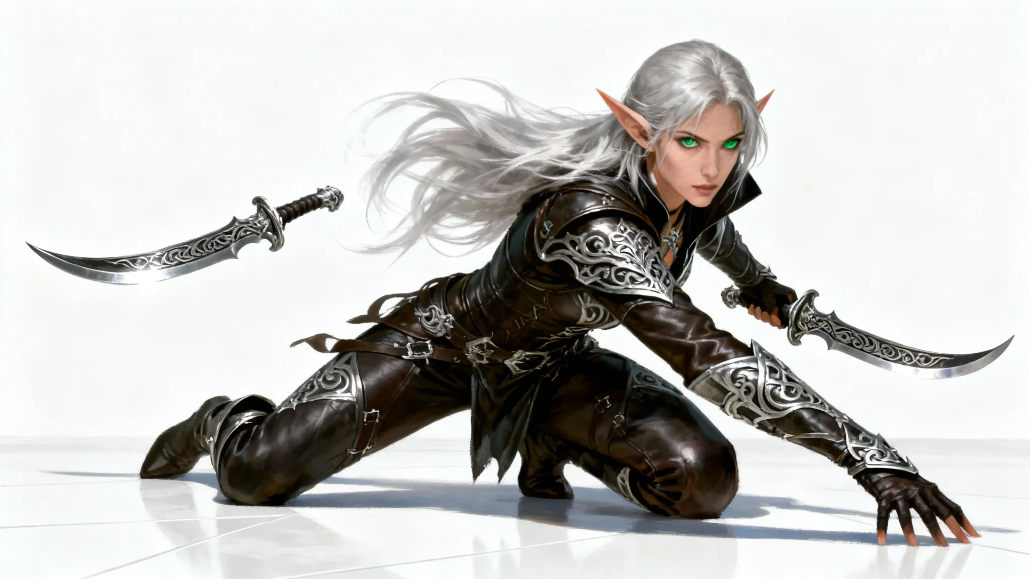 A hyper-detailed digital painting of a female elven rogue character posing on a white background, dressed in dark leather armor and holding two ornate daggers.