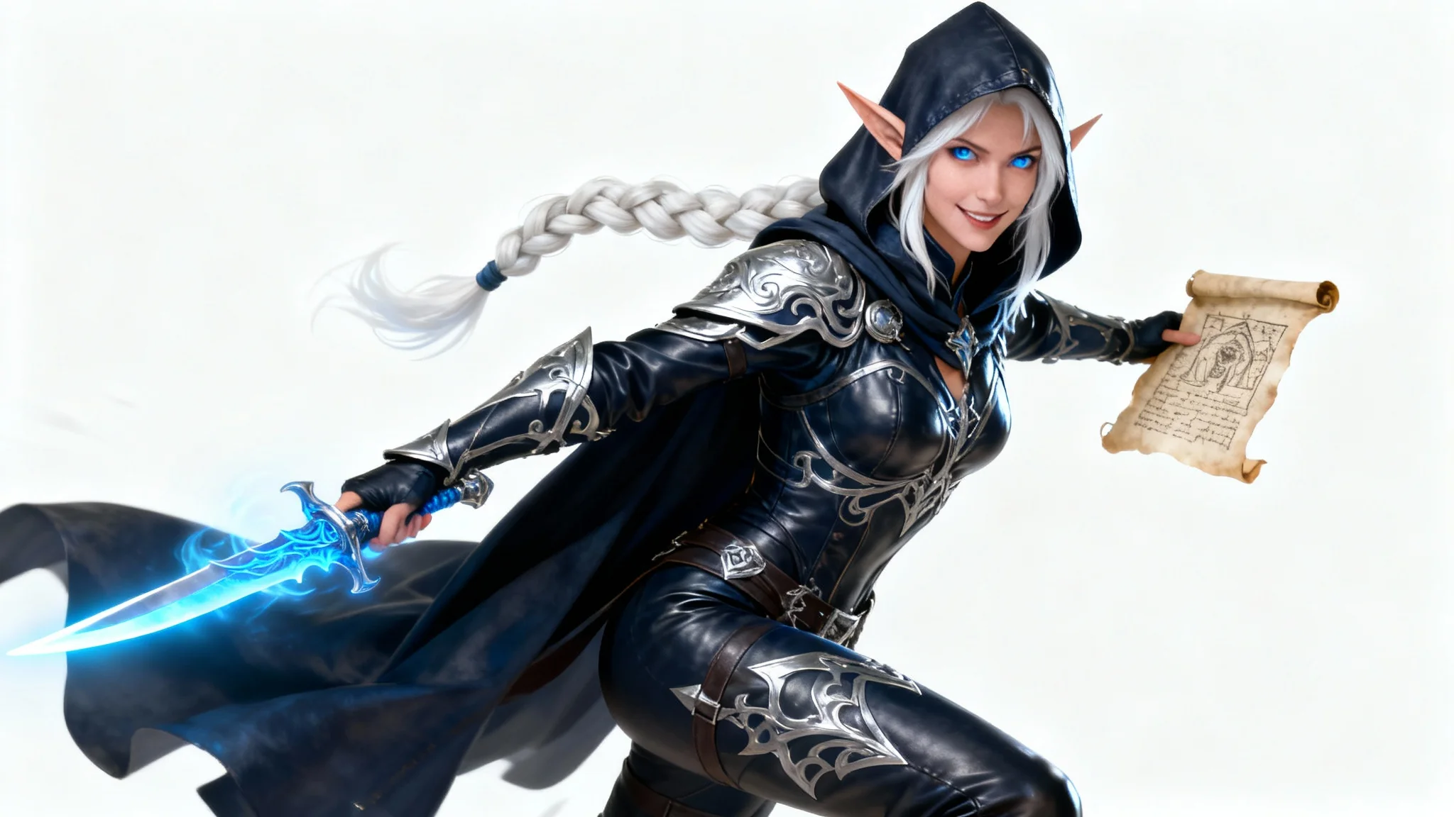 An RPG character concept art of a female elf rogue with white hair and glowing blue eyes, holding a magical dagger and a scroll, set against a plain white background.