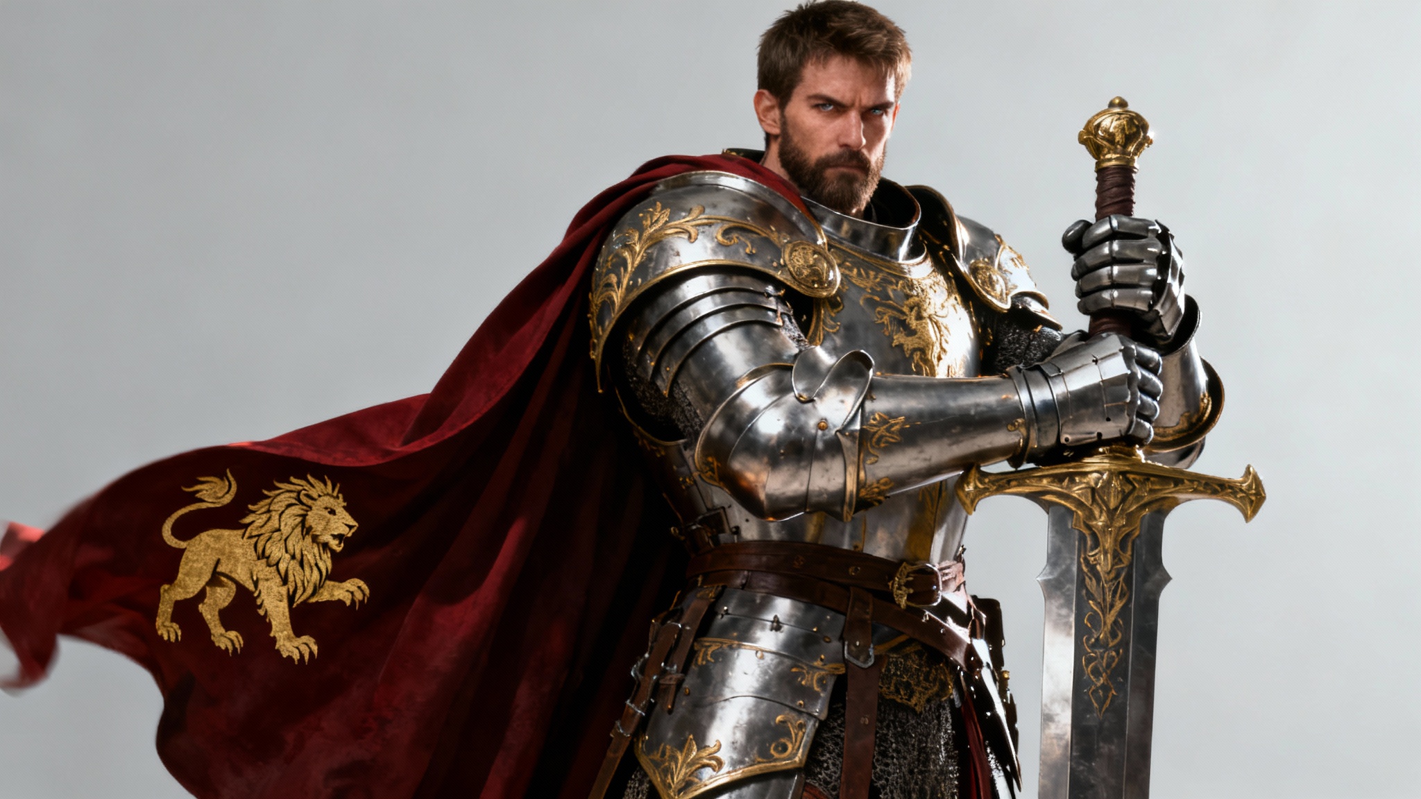 A photorealistic concept art portrait of a fantasy knight in highly detailed steel and gold armor, holding a greatsword against a plain light gray background.