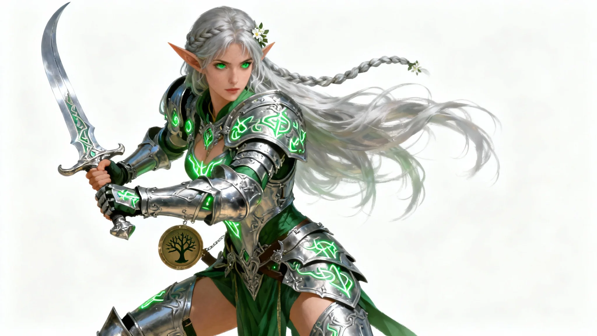 A digital painting of a female elf warrior in detailed silver and green armor, holding a sword and shield, against a plain white background.