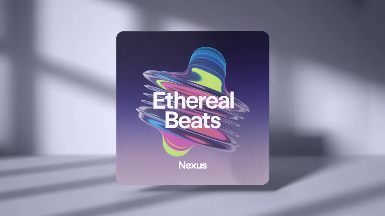 A hero image displaying a professionally designed Spotify album cover for 'Ethereal Beats' by 'NEXUS', set against a minimalist background. The cover art is a vibrant abstract design of colorful sound waves.