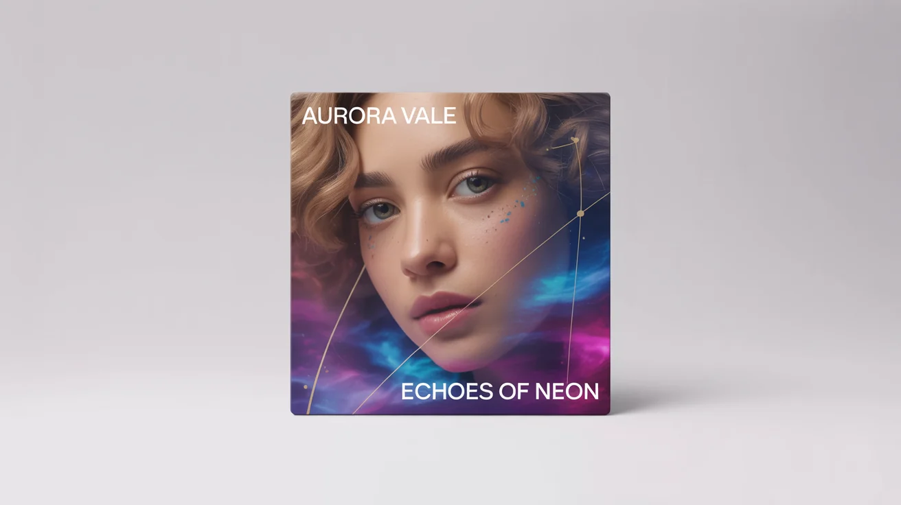 A mockup of a modern, artistic Spotify album cover on a white background. The cover features a double exposure portrait of a woman's face blended with a colorful nebula. The artist name 'AURORA VALE' is at the top and the album title 'ECHOES OF NEON' is at the bottom.