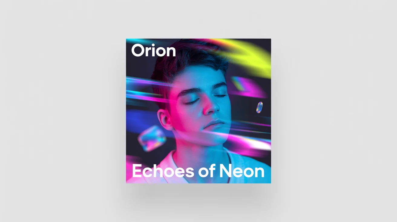 A mockup of a modern Spotify album cover on a white background. The cover, for an artist named "ORION" and an album titled "ECHOES OF NEON," features a stylized portrait overlaid with vibrant neon colors and abstract shapes.