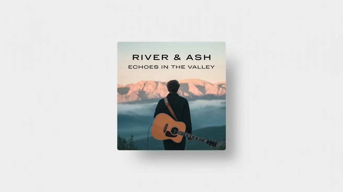 A mockup of a Spotify album cover for an indie folk artist named 'River & Ash', with the album title 'Echoes in the Valley'. The cover art shows a musician with a guitar overlooking a misty mountain scene.