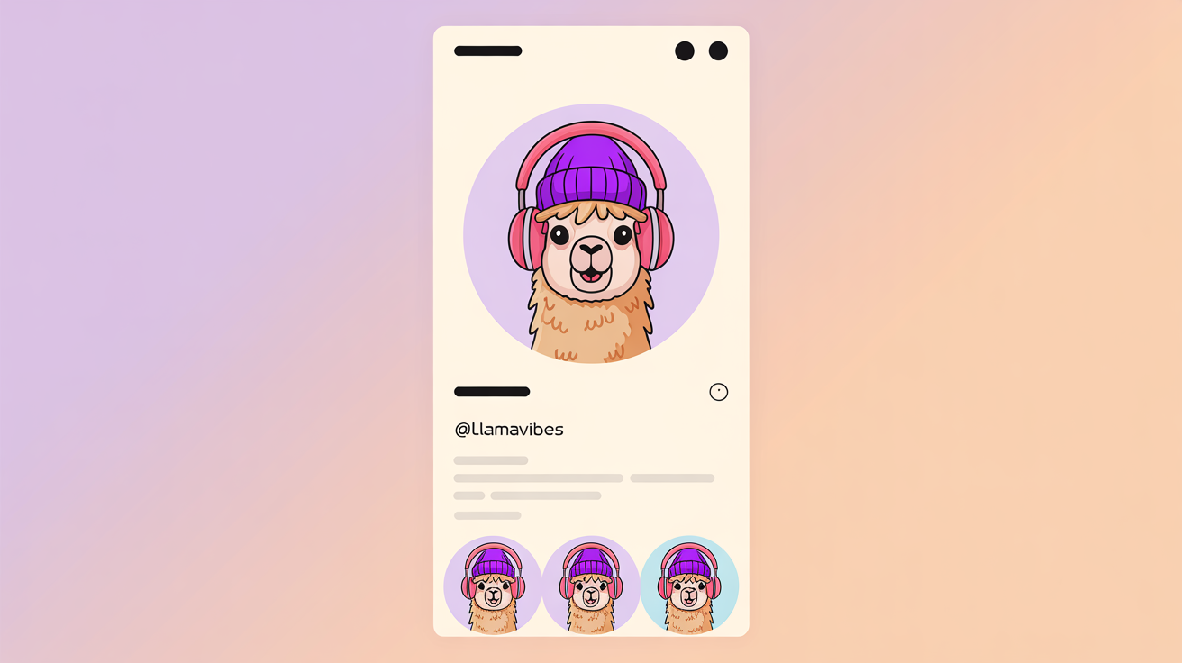 A mockup of a modern social media profile page. The main profile picture is a cute cartoon llama wearing a beanie and headphones. Three smaller variations of the llama avatar are shown below.