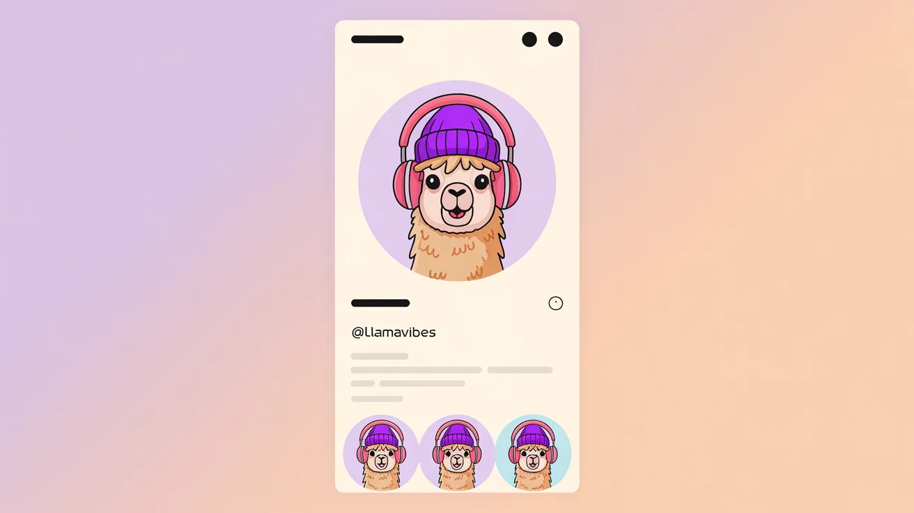 A mockup of a modern social media profile page. The main profile picture is a cute cartoon llama wearing a beanie and headphones. Three smaller variations of the llama avatar are shown below.