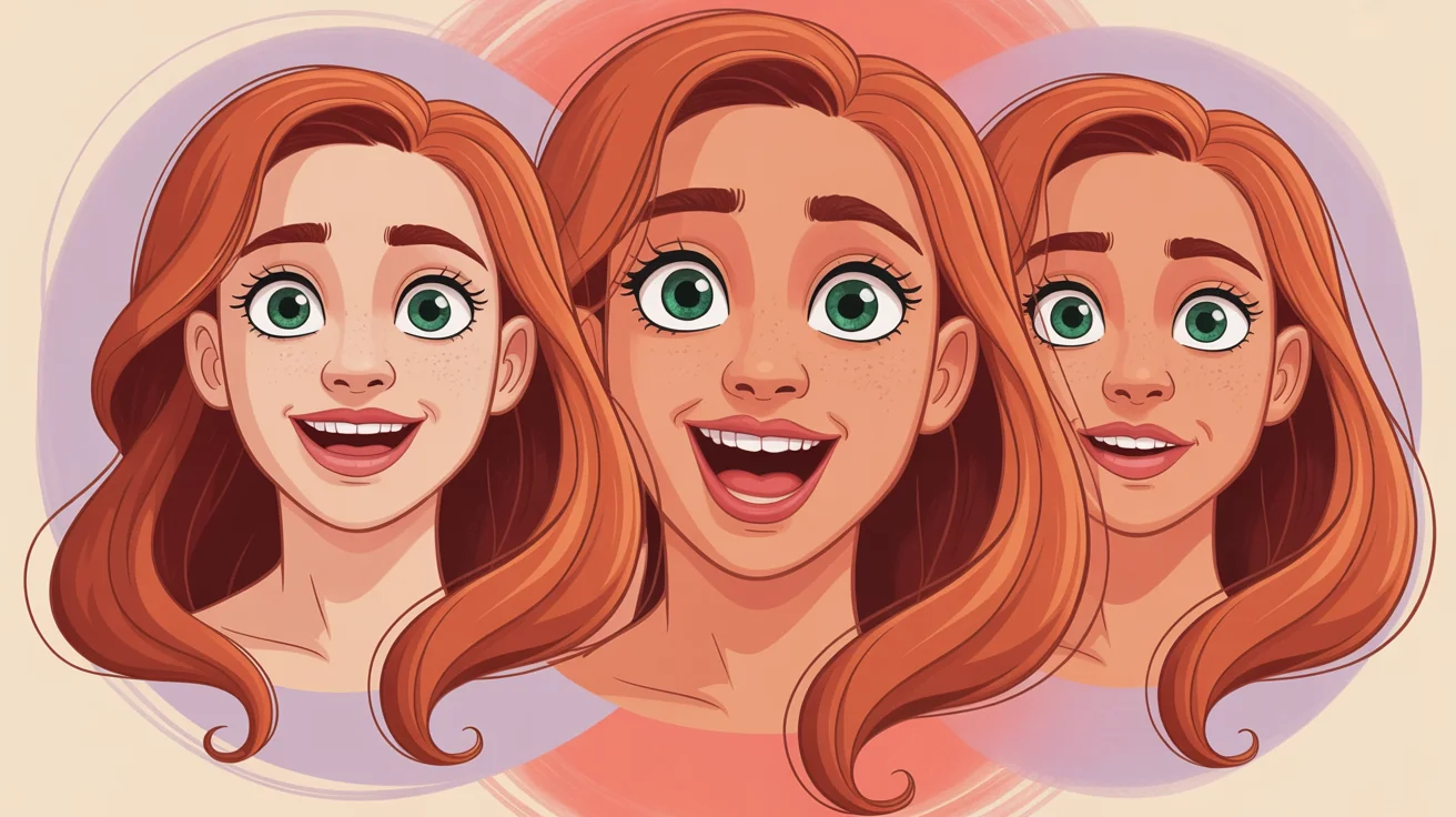 An animated sequence of a cartoon woman speaking, showing four different mouth shapes to demonstrate a 2D lip sync animation result. The character has long hair and is set against a colorful abstract background.