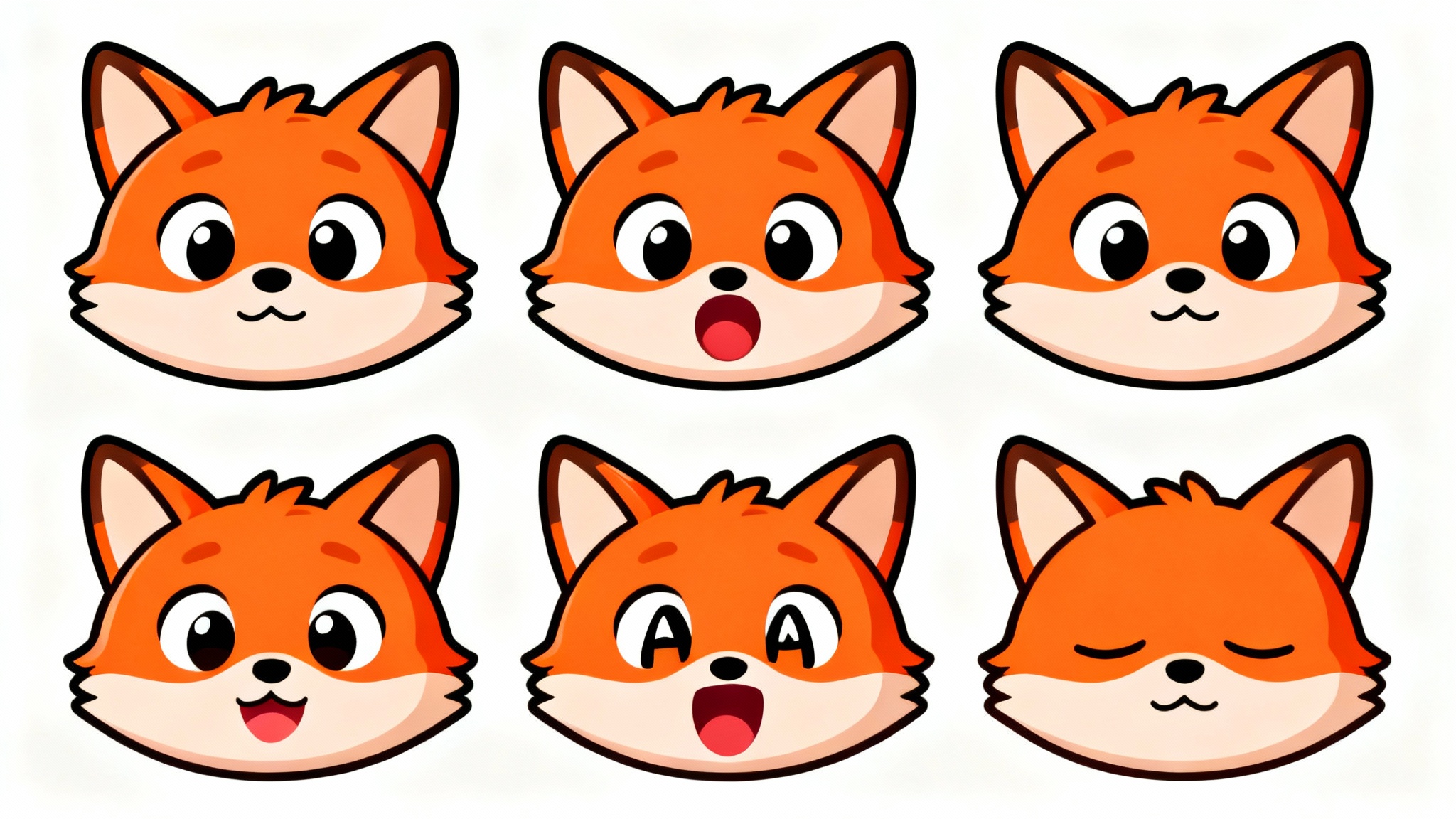 A sequence of four images showing the face of a friendly 2D cartoon fox, with each image displaying a different mouth shape to illustrate the concept of 2D character lip-sync animation.