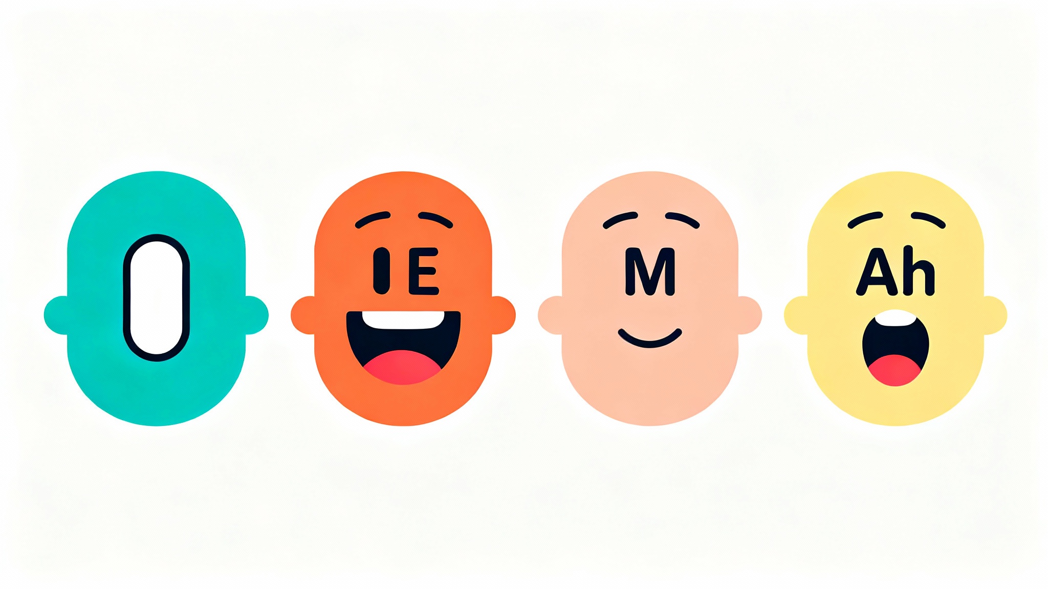 A 2D illustration showing a sequence of four close-ups of a cartoon character's face, each with a different mouth shape to demonstrate lip-syncing.