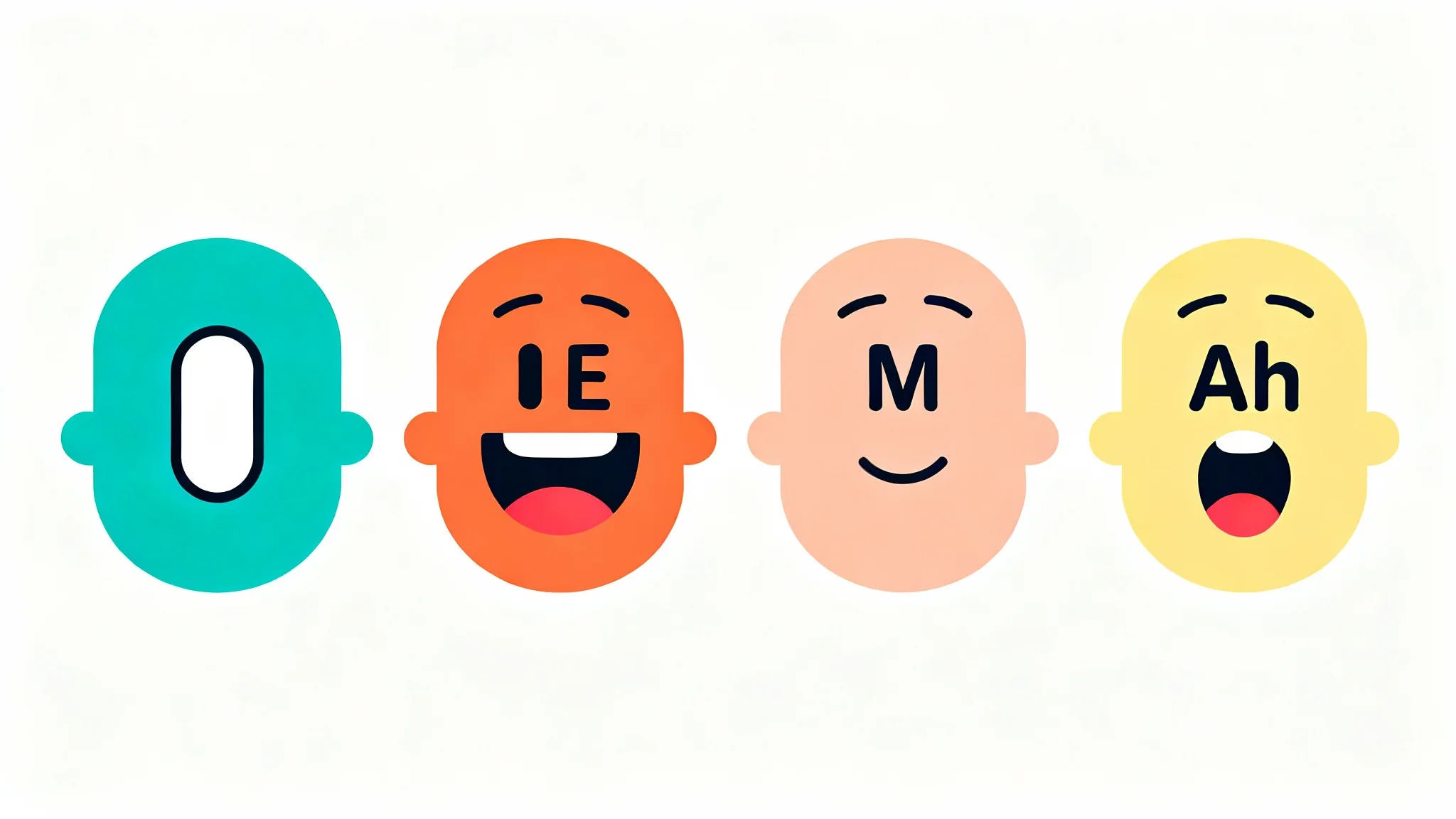 A 2D illustration showing a sequence of four close-ups of a cartoon character's face, each with a different mouth shape to demonstrate lip-syncing.