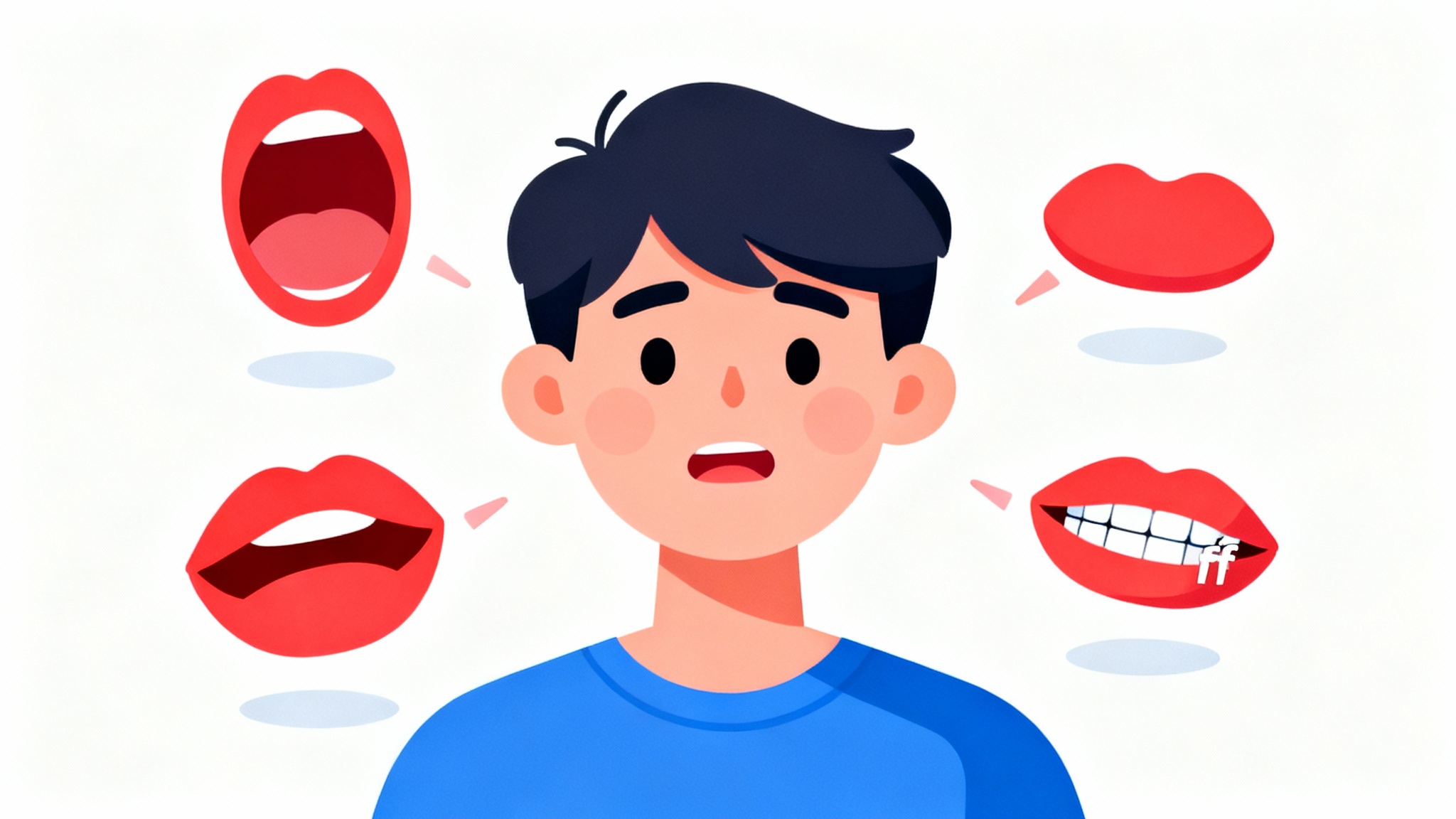 A 2D vector illustration of a cartoon character's head, surrounded by different mouth shapes to represent the concept of lip-sync animation.