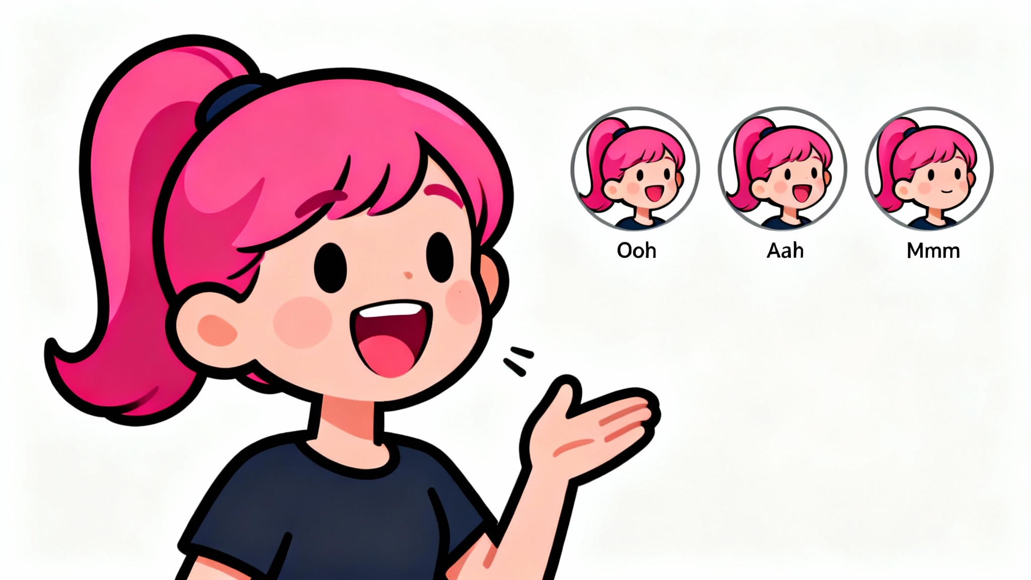 A 2D cartoon character with pink hair is shown speaking. Beside her are three circular views of her face, each showing a different mouth shape to illustrate lip-syncing.