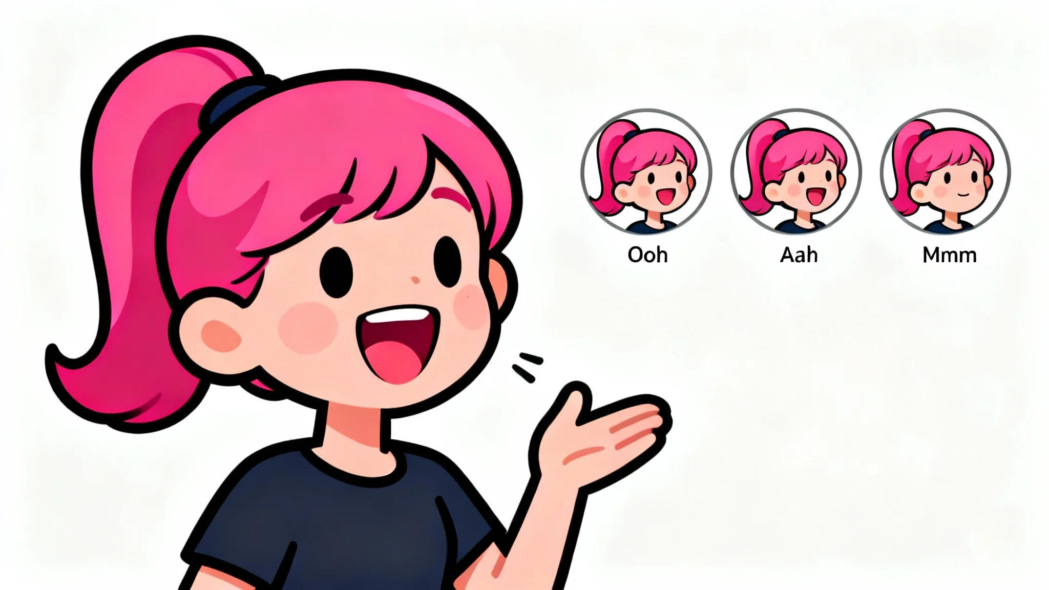 A 2D cartoon character with pink hair is shown speaking. Beside her are three circular views of her face, each showing a different mouth shape to illustrate lip-syncing.