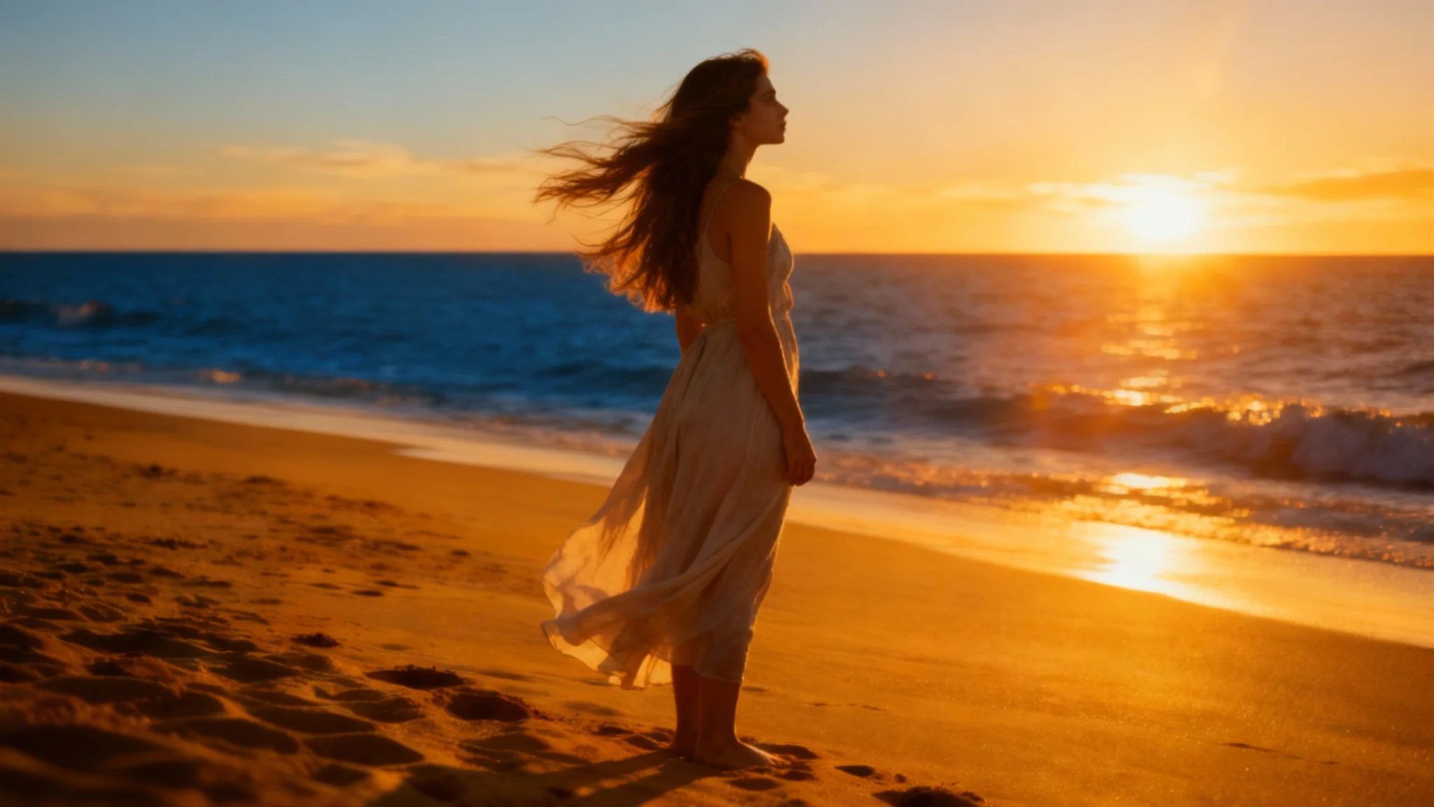 A stunning cinematic portrait of a young woman on a beach at sunset, her hair and dress flowing in the wind, with warm golden light and a soft-focus ocean background.