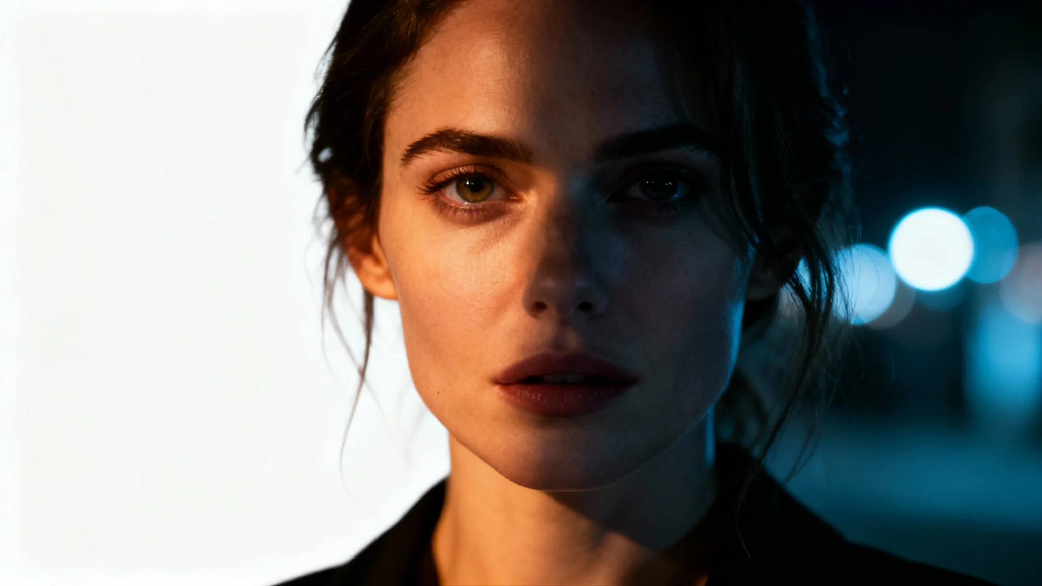 A cinematic-style portrait of a woman with dramatic lighting, showing half her face in shadow and the other softly lit, against a blurred background of city lights.