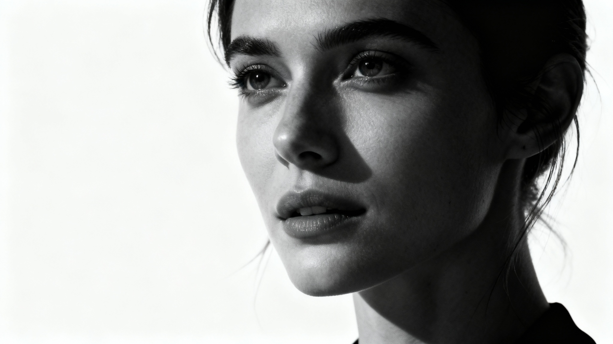 A hyperrealistic, cinematic style portrait of a woman with a thoughtful expression, set against a stark white background. The lighting is dramatic and high-contrast.