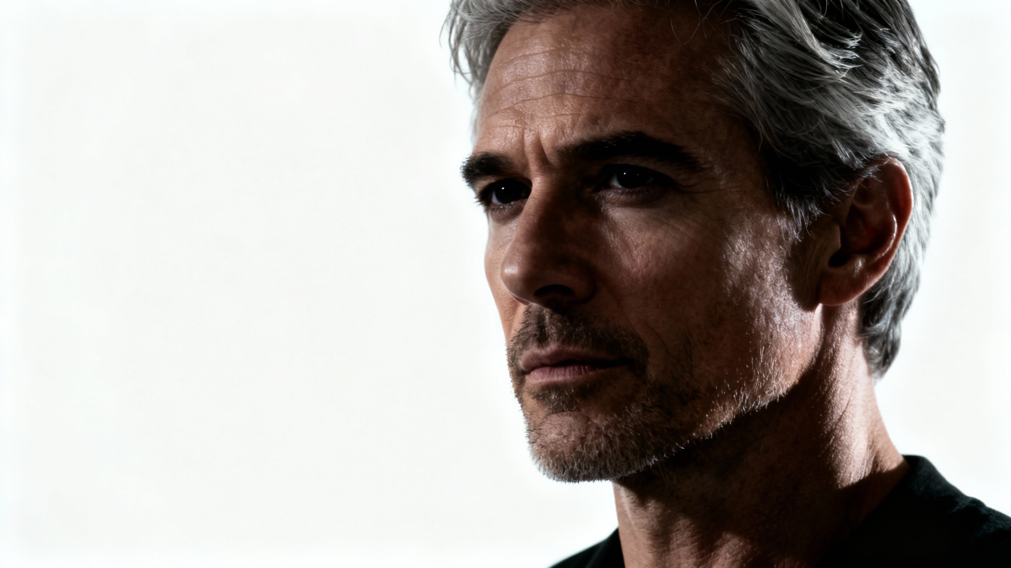 A dramatic, cinematic portrait of a man with intense eyes and moody side-lighting, presented as a mockup against a stark white background.