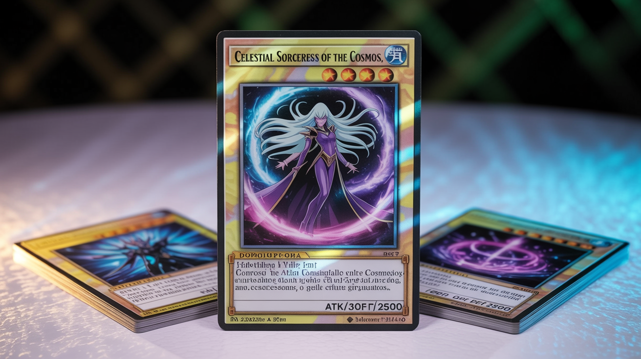 A hero image displaying three custom, professionally designed Yu-Gi-Oh! cards on a clean white background, with a central 'Celestial Sorceress' card in sharp focus.