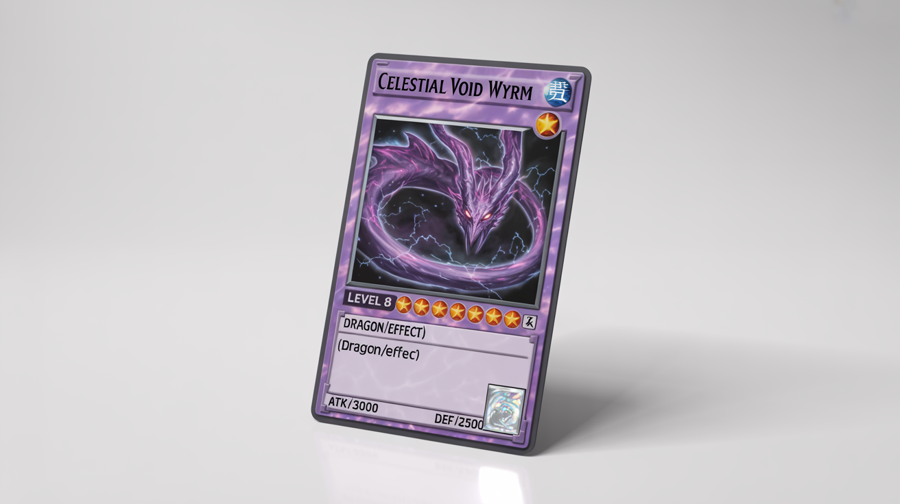 A photorealistic mockup of a custom-designed Yu-Gi-Oh! monster card named 'Celestial Void Wyrm', shown at an angle on a clean white background.