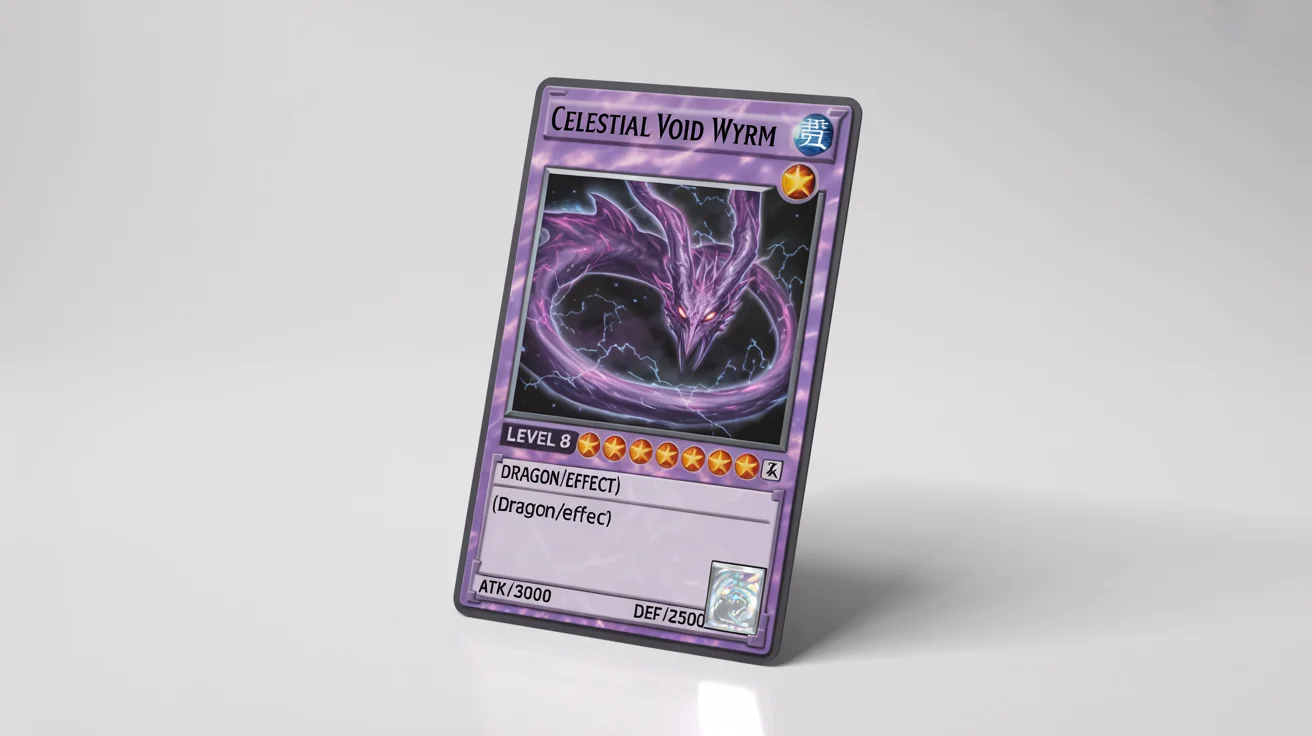 A photorealistic mockup of a custom-designed Yu-Gi-Oh! monster card named 'Celestial Void Wyrm', shown at an angle on a clean white background.