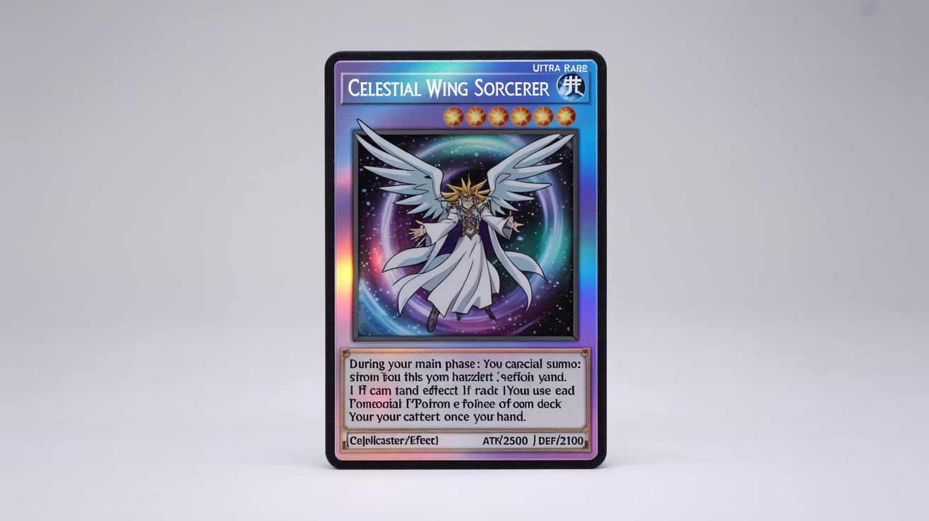 A custom-designed Yu-Gi-Oh! trading card named 'Celestial Wing Sorcerer', featuring holographic artwork of a powerful sorcerer with angelic wings, set against a plain white background.