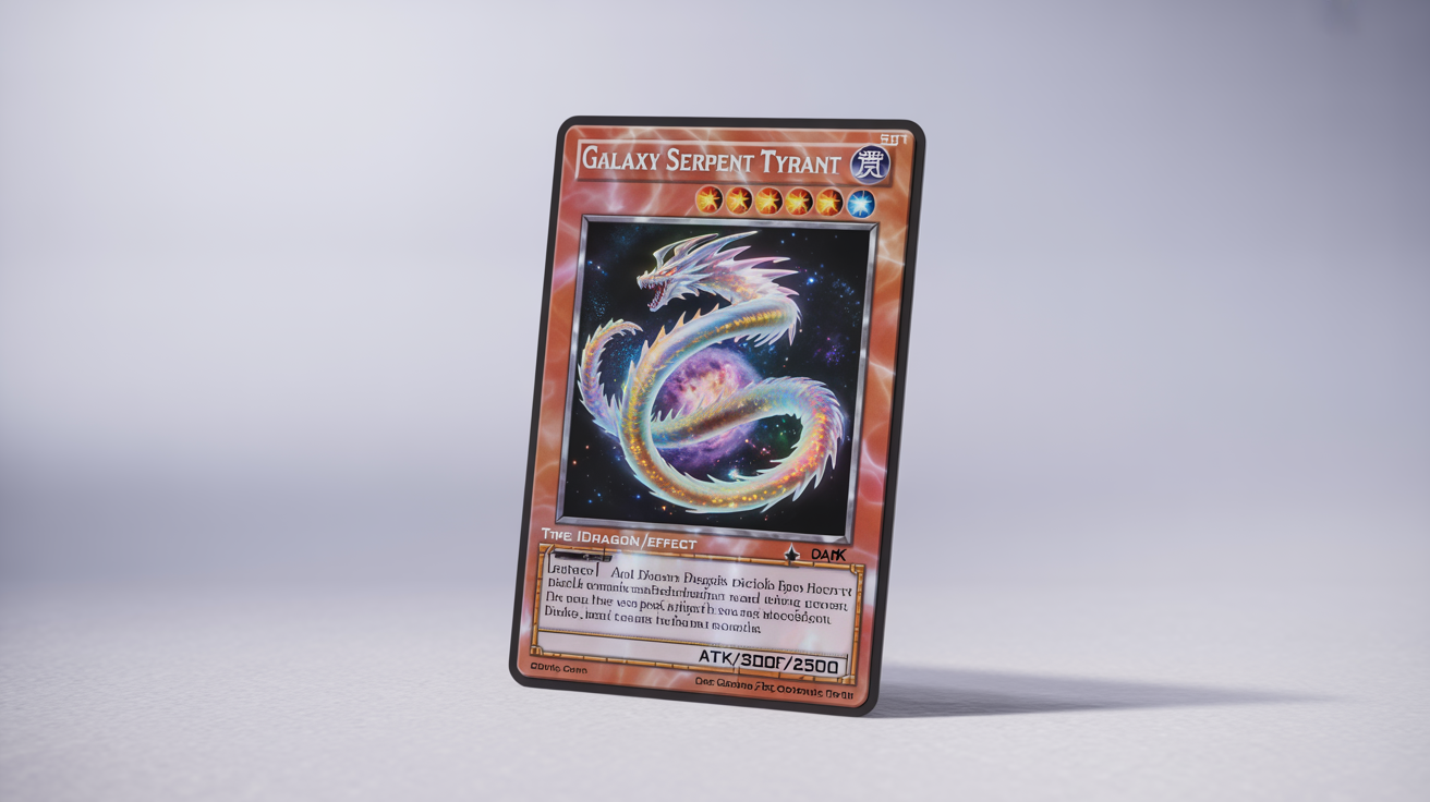 A high-quality mockup of a custom Yu-Gi-Oh! card named 'Galaxy Serpent Tyrant,' featuring a cosmic dragon on a white background.