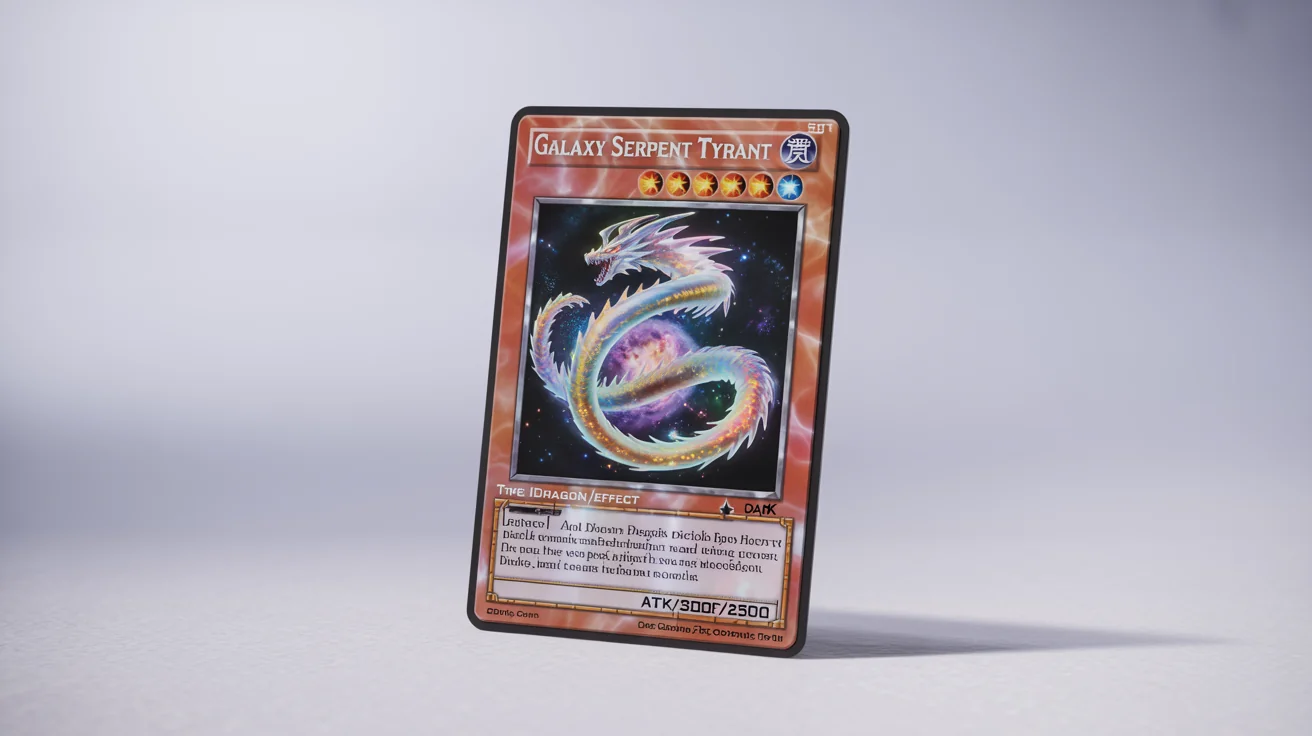 A high-quality mockup of a custom Yu-Gi-Oh! card named 'Galaxy Serpent Tyrant,' featuring a cosmic dragon on a white background.